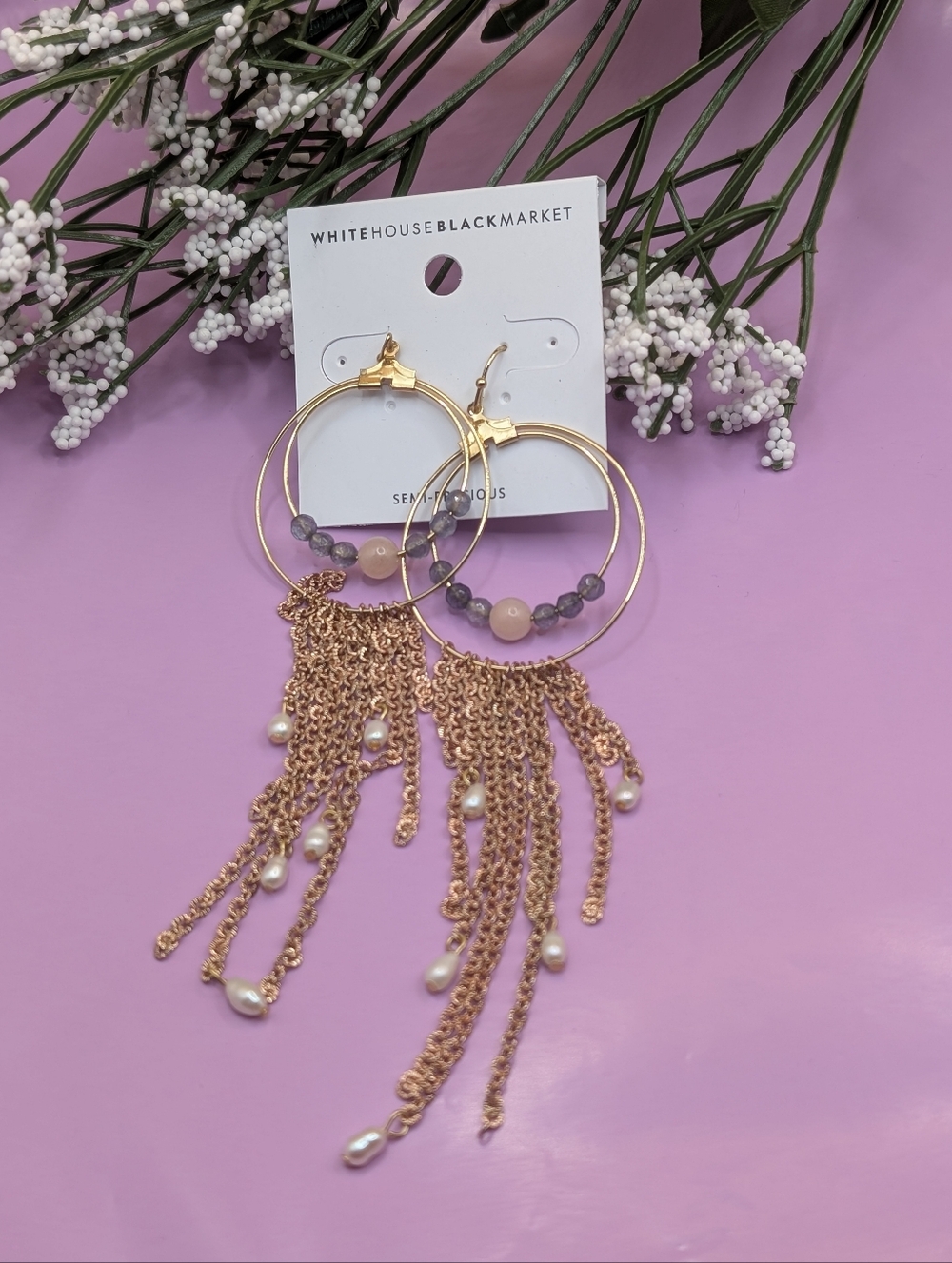 WHBM Rose Gold and Freshwater Pearl Chain Earrings & Precious Stones NWT $35